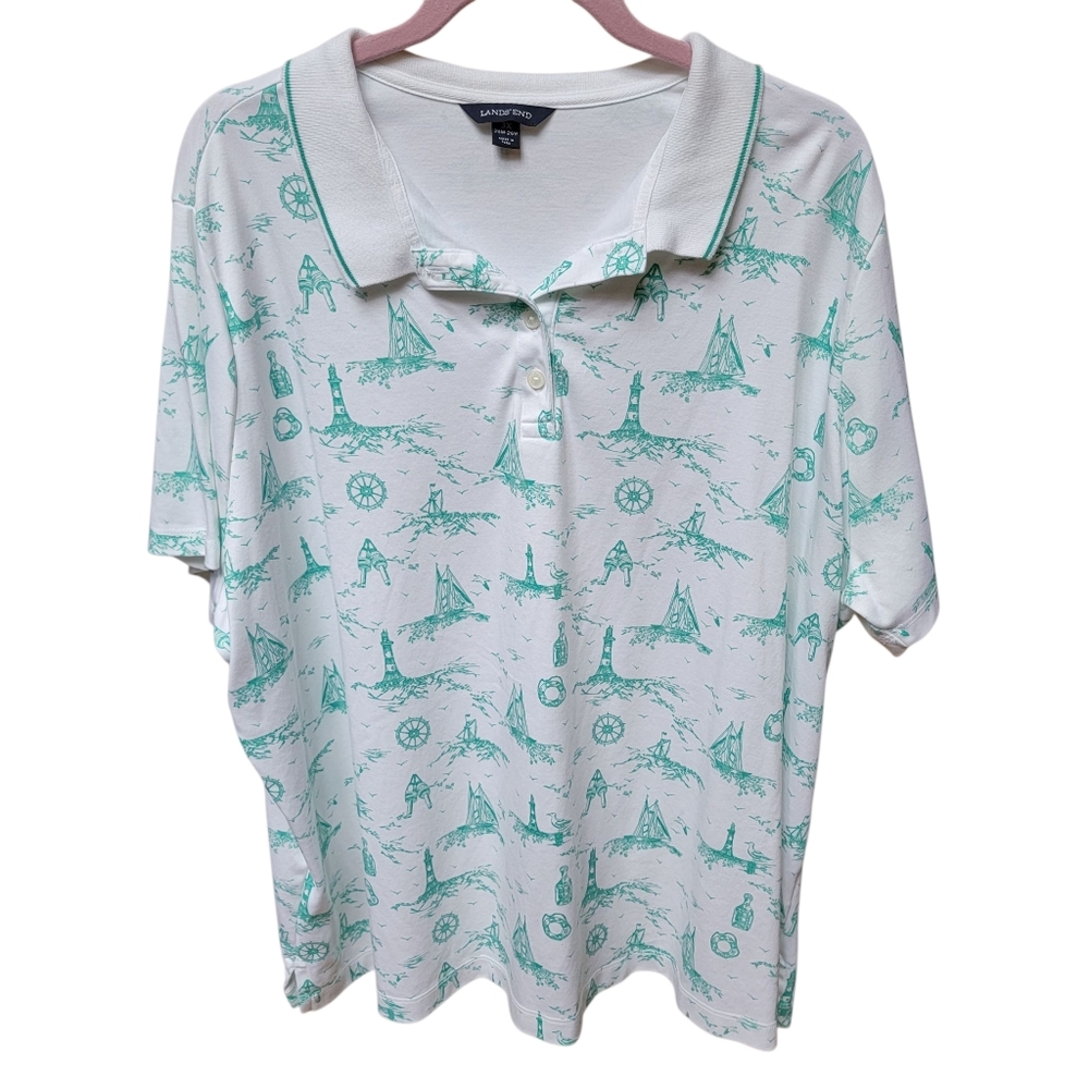 Lands' End White and Mint Green Nautical Polo Shirt Womens 3X